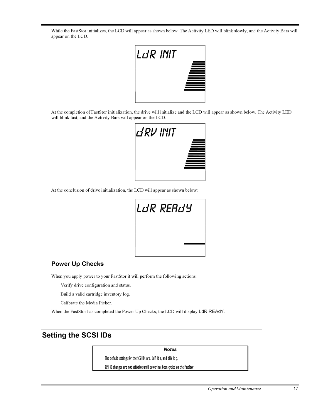 ADIC FastStor Mass Storage Device manual Init, Rv init, Setting the Scsi IDs, Power Up Checks 