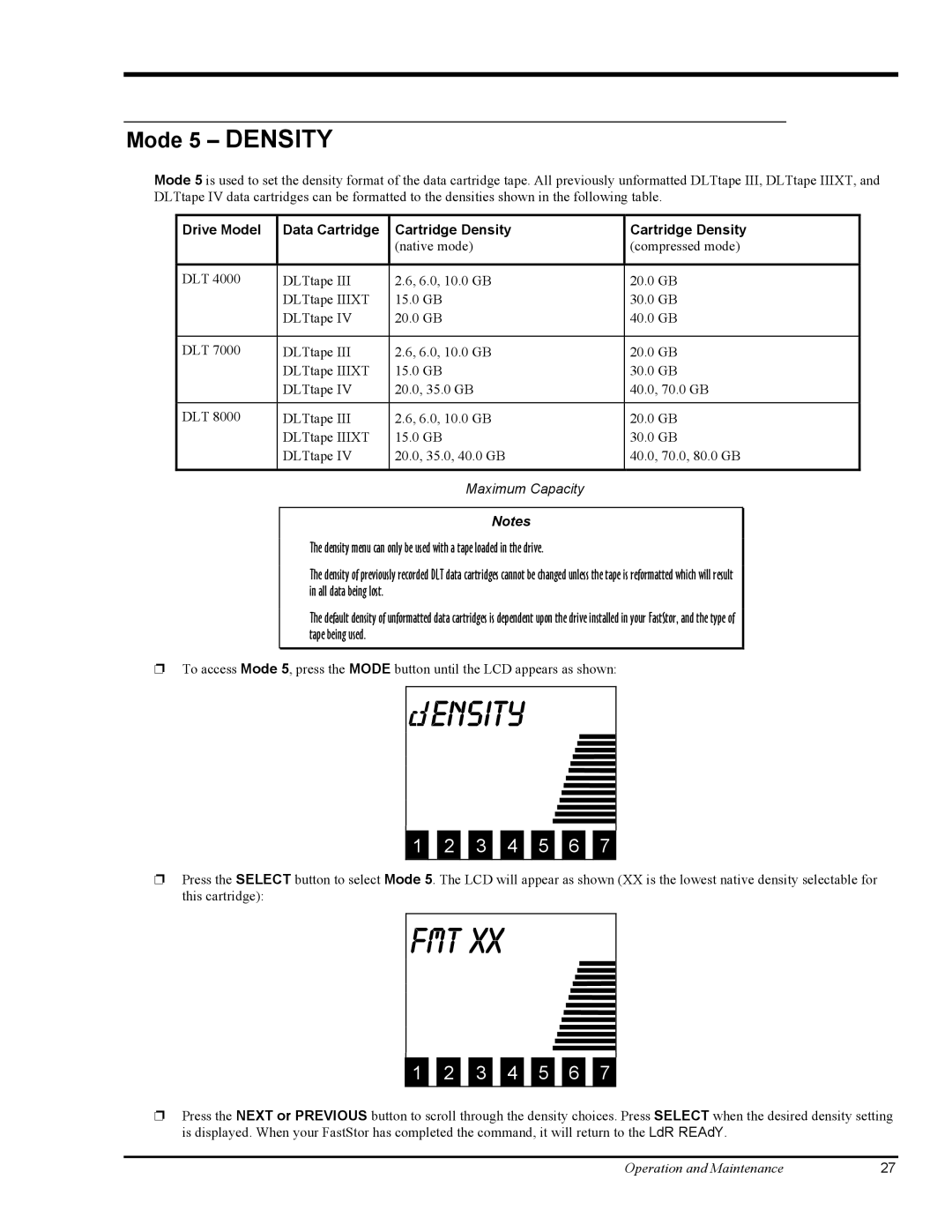 ADIC FastStor Mass Storage Device manual Ensity, Fmt, Mode 5 Density 