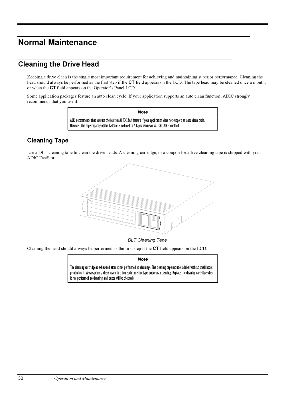 ADIC FastStor Mass Storage Device manual Normal Maintenance, Cleaning the Drive Head, Cleaning Tape 