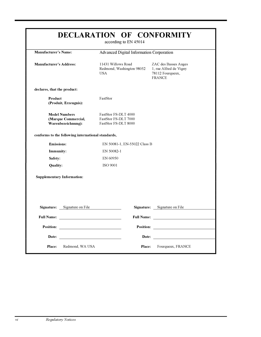 ADIC FastStor Mass Storage Device manual Declaration of Conformity 