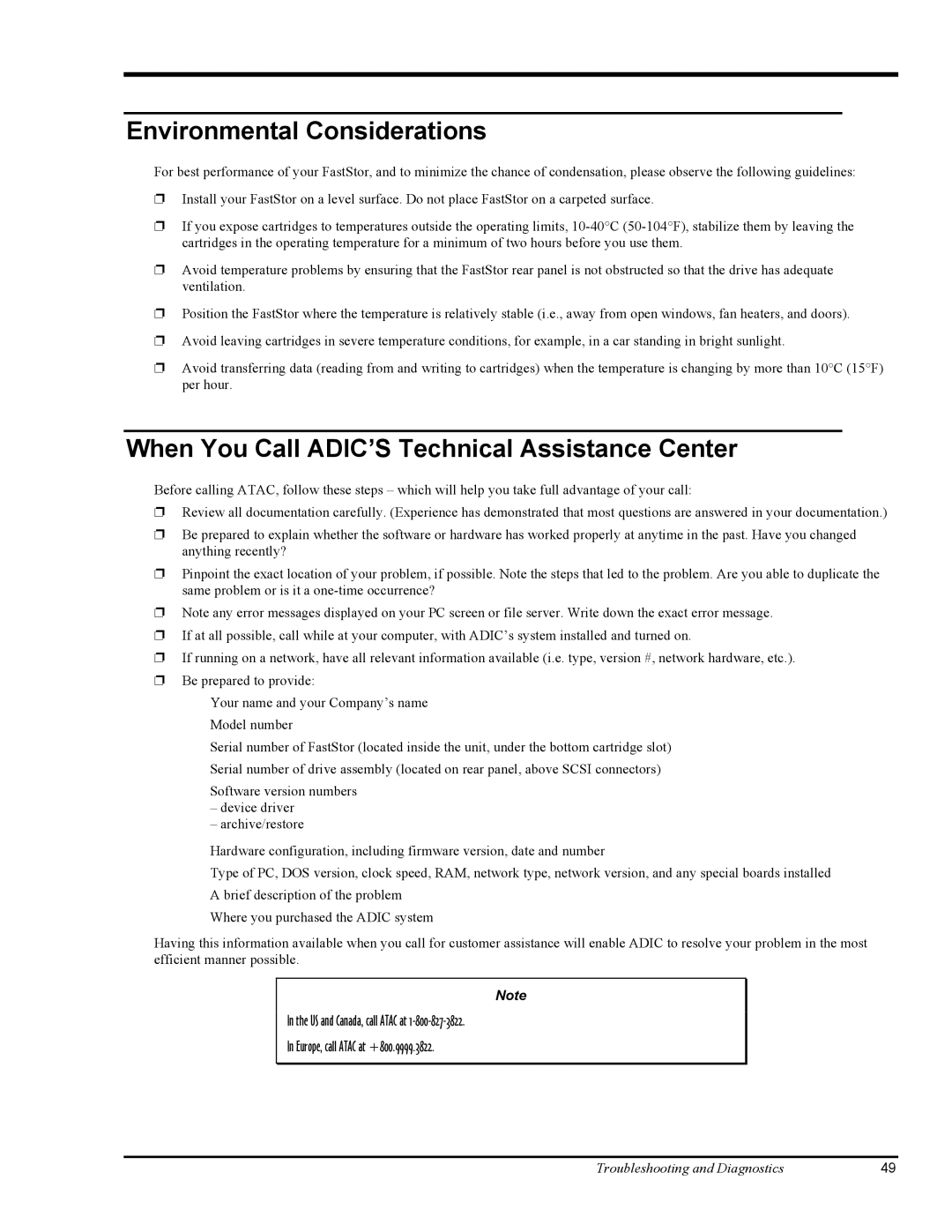 ADIC FastStor Mass Storage Device manual Environmental Considerations, When You Call ADIC’S Technical Assistance Center 