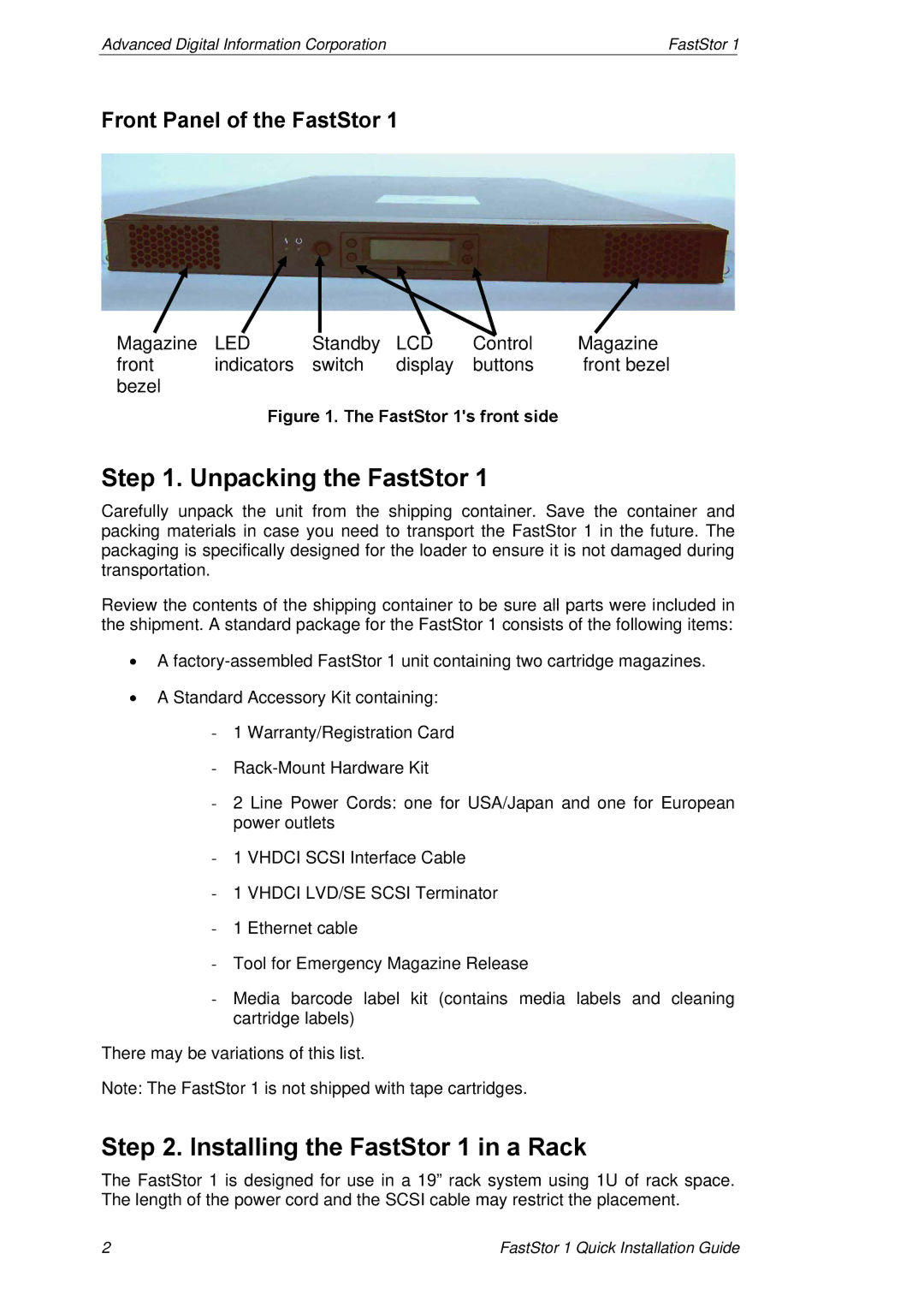 ADIC manual Unpacking the FastStor, Installing the FastStor 1 in a Rack 