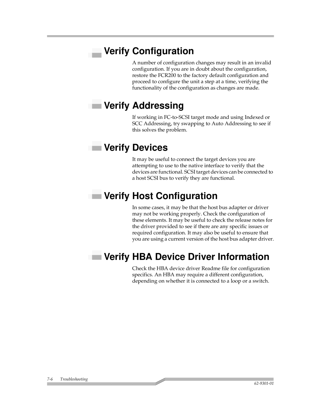 ADIC FCR 200 manual Verify Configuration, Verify Addressing, Verify Devices, Verify Host Configuration 