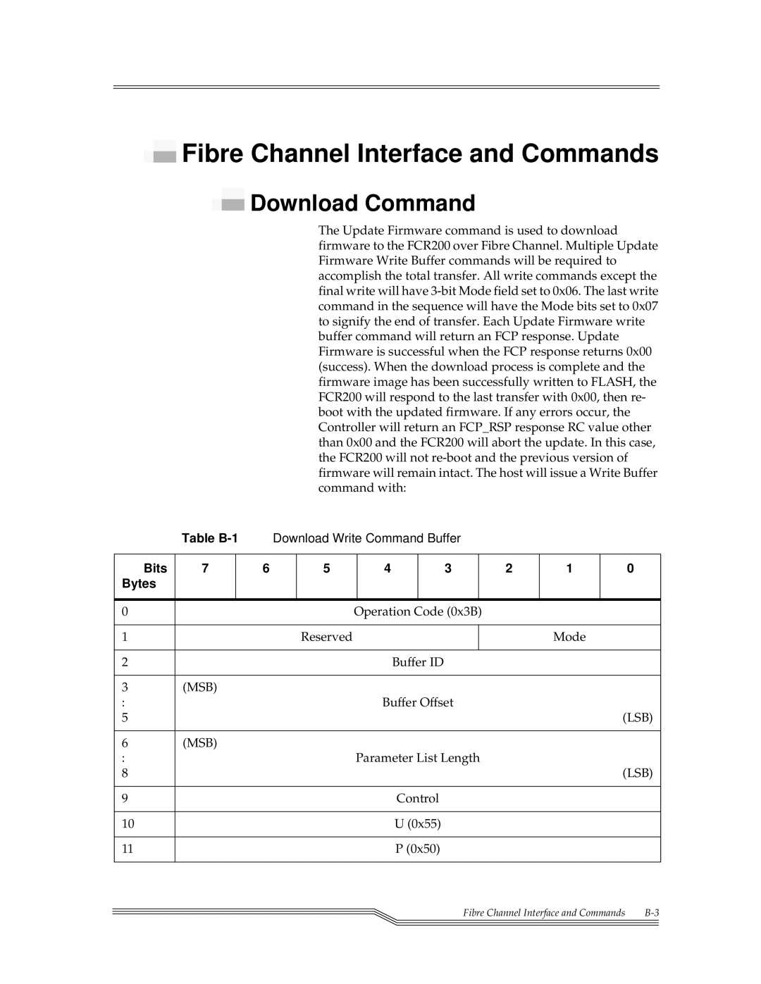 ADIC FCR 200 manual Fibre Channel Interface and Commands, Download Command, Table B-1, Bits Bytes 