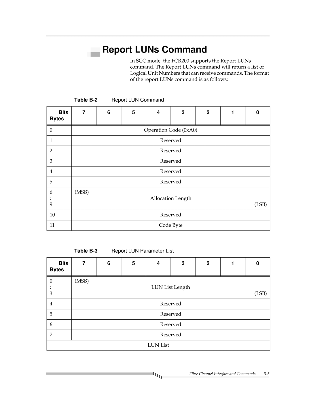 ADIC FCR 200 manual Report LUNs Command, Table B-2, Table B-3 