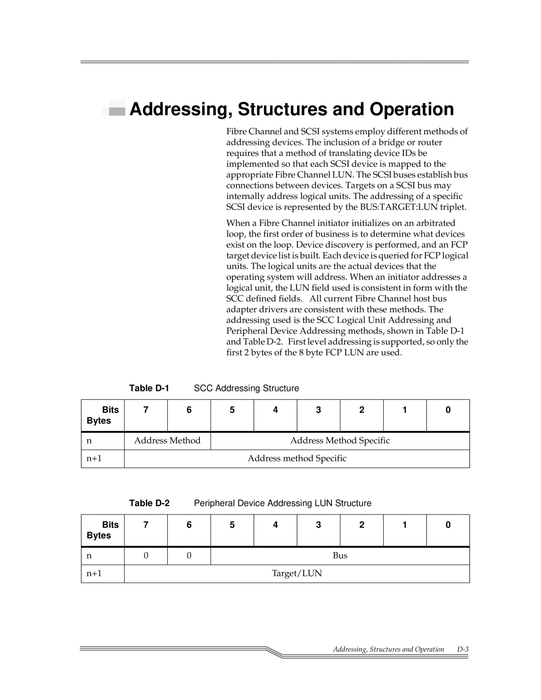 ADIC FCR 200 manual Addressing, Structures and Operation, Table D-1 SCC Addressing Structure Bits Bytes, Table D-2 