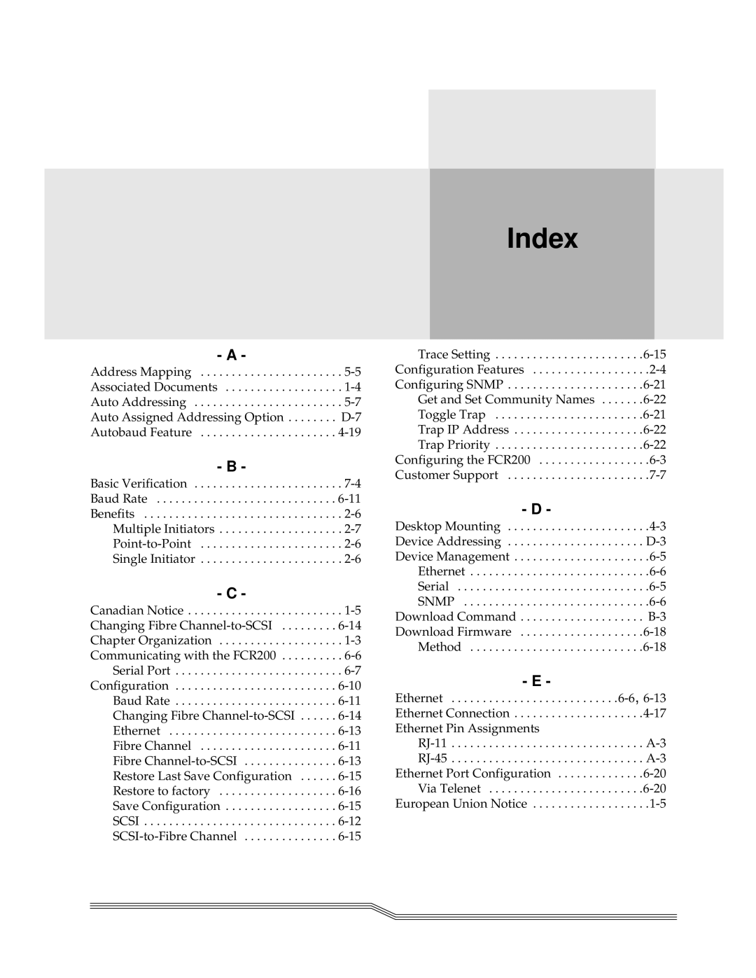 ADIC FCR 200 manual Index 