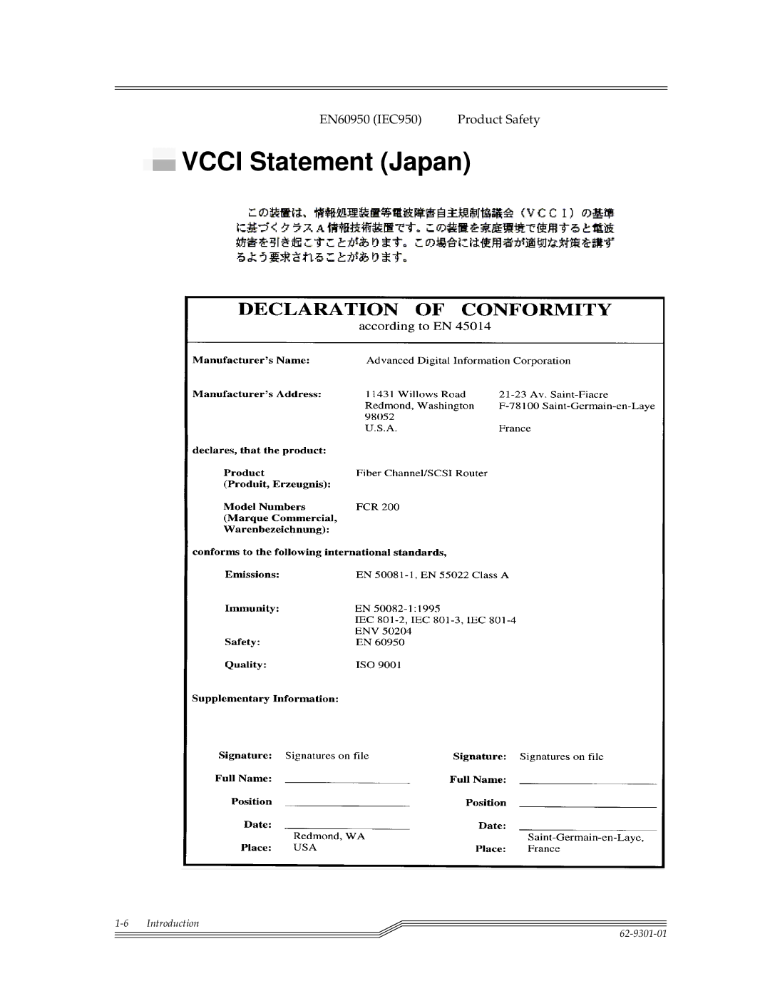 ADIC FCR 200 manual Vcci Statement Japan 