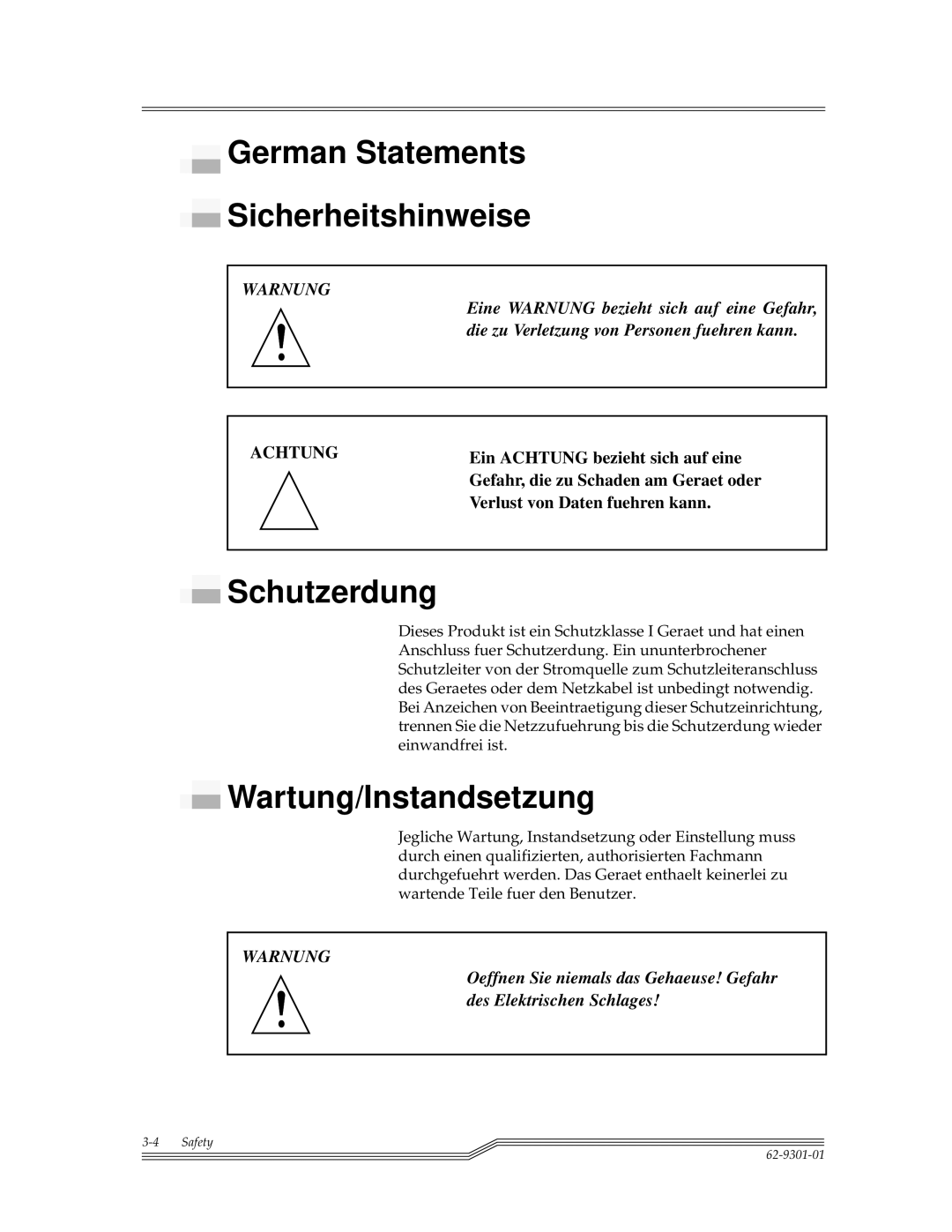 ADIC FCR 200 manual German Statements Sicherheitshinweise, Schutzerdung, Wartung/Instandsetzung 