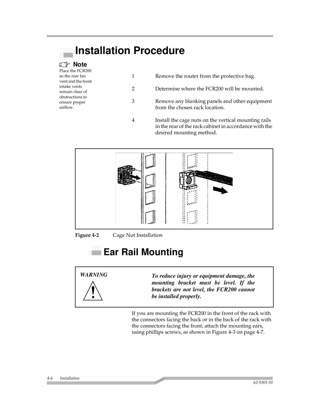 ADIC FCR 200 manual Installation Procedure, Ear Rail Mounting 