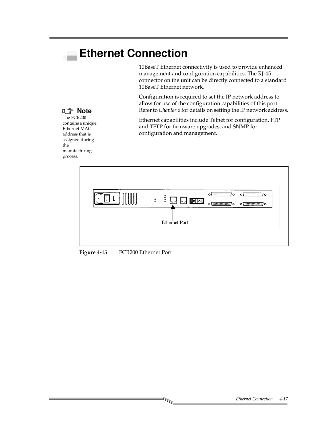 ADIC FCR 200 manual Ethernet Connection, 15FCR200 Ethernet Port 