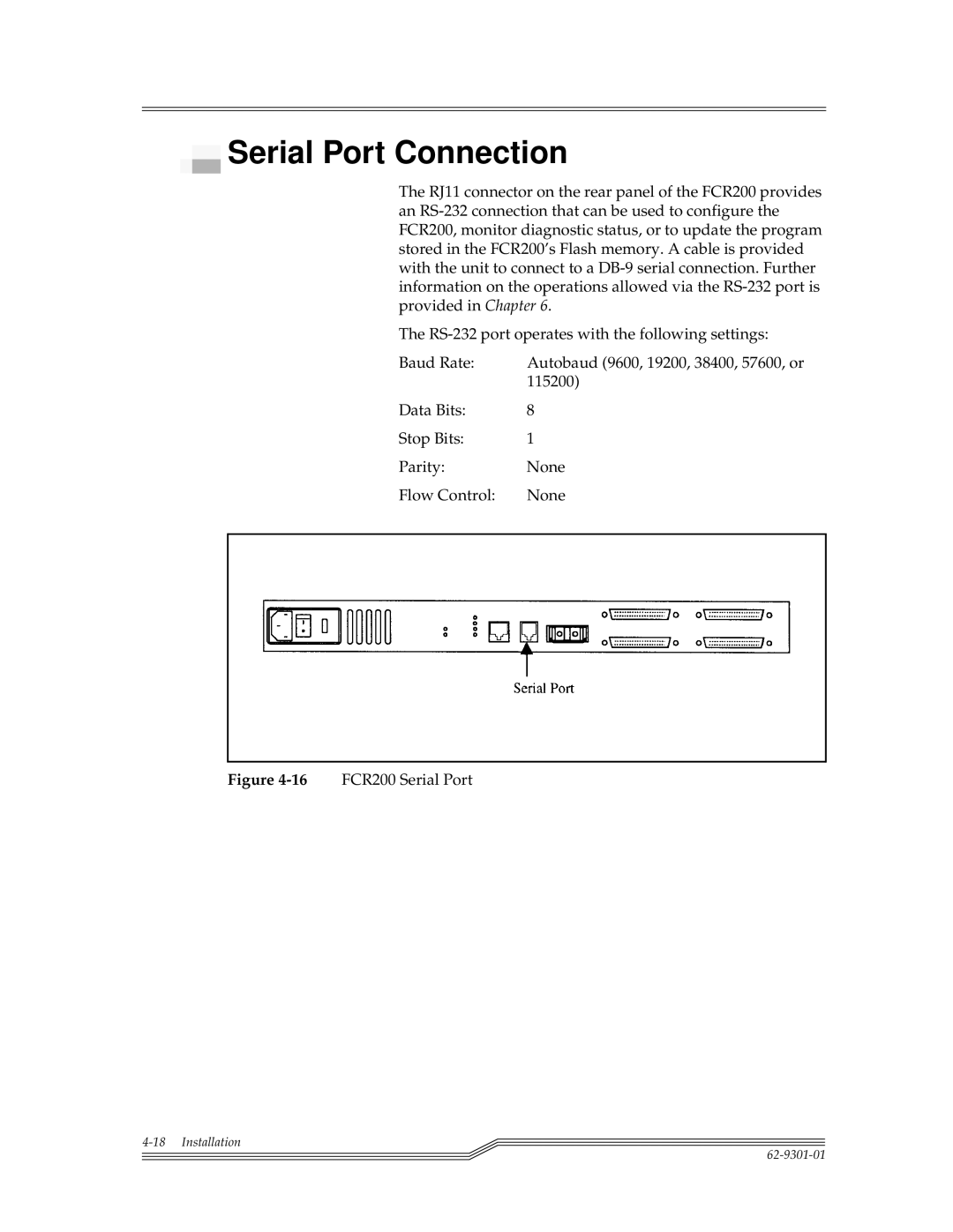 ADIC FCR 200 manual Serial Port Connection, 16FCR200 Serial Port 