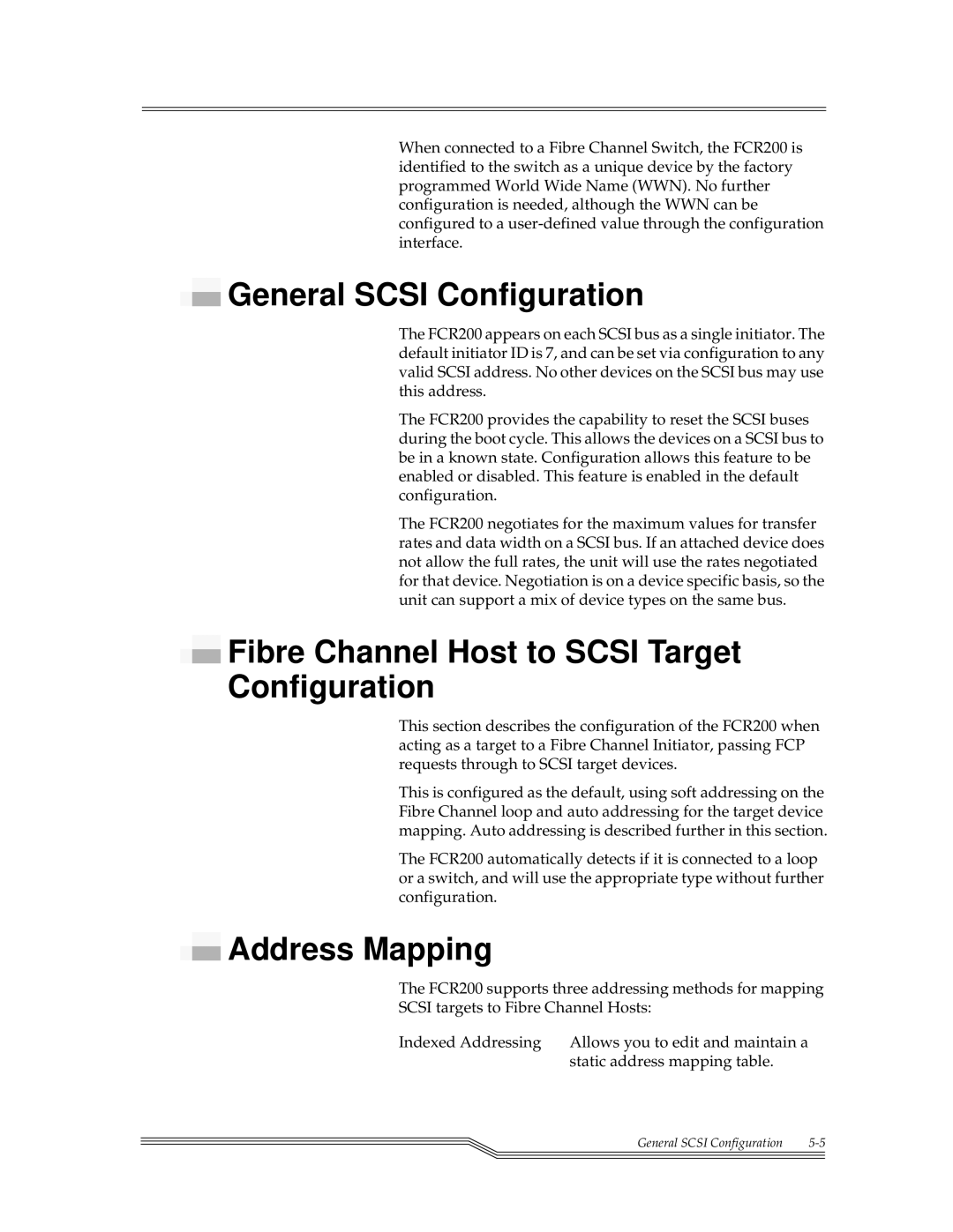 ADIC FCR 200 manual General Scsi Configuration, Fibre Channel Host to Scsi Target Configuration, Address Mapping 