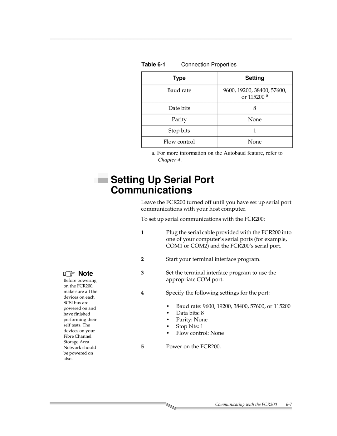 ADIC FCR 200 manual Setting Up Serial Port Communications, Connection Properties 