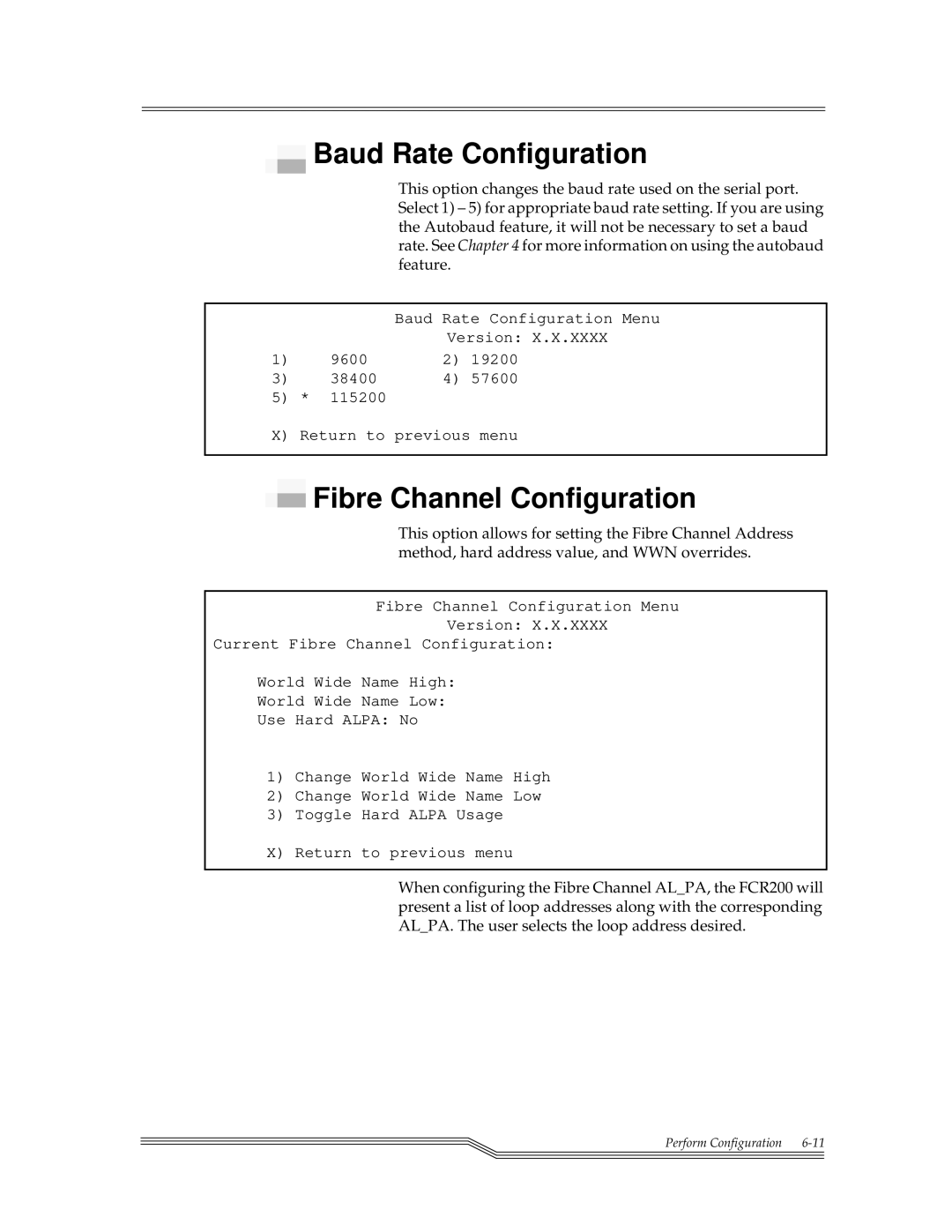 ADIC FCR 200 manual Baud Rate Configuration, Fibre Channel Configuration 