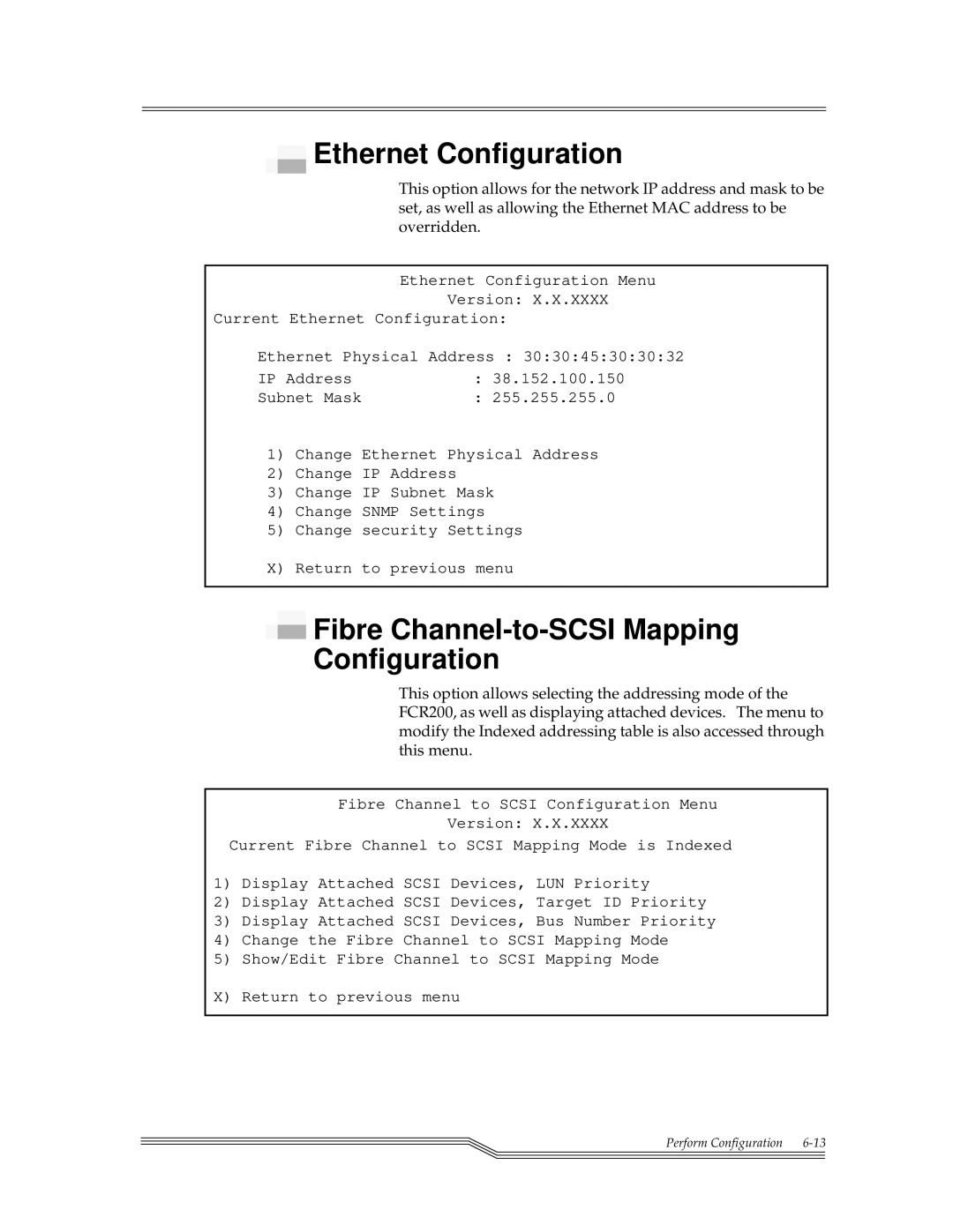 ADIC FCR 200 manual Ethernet Configuration, Fibre Channel-to-SCSI Mapping Configuration 