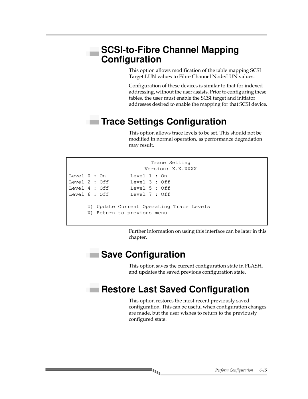 ADIC FCR 200 manual SCSI-to-Fibre Channel Mapping Configuration, Trace Settings Configuration, Save Configuration 