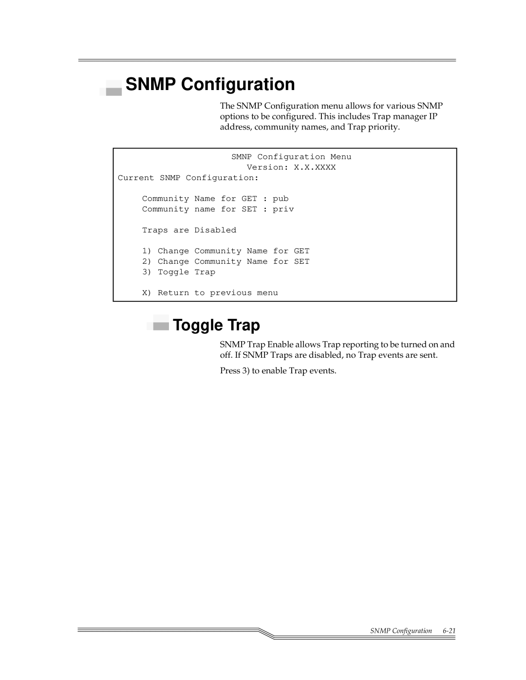 ADIC FCR 200 manual Snmp Configuration, Toggle Trap 