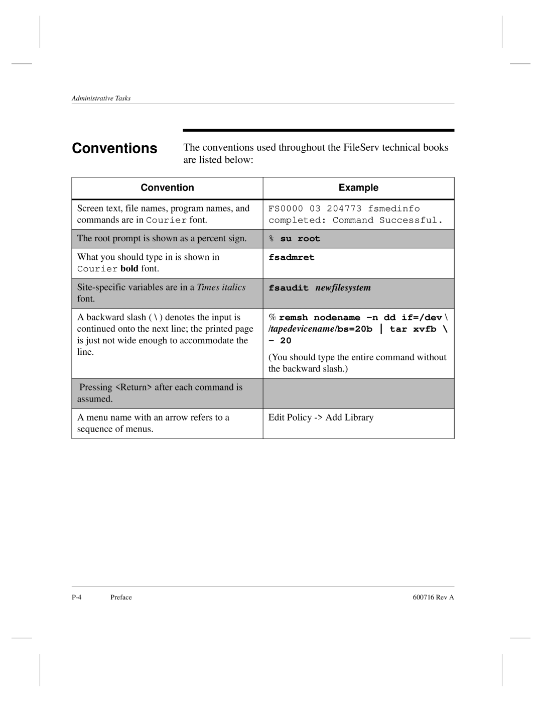 ADIC FileServ Version 4.0 600716 Rev A Conventions used throughout the FileServ technical books, Are listed below 