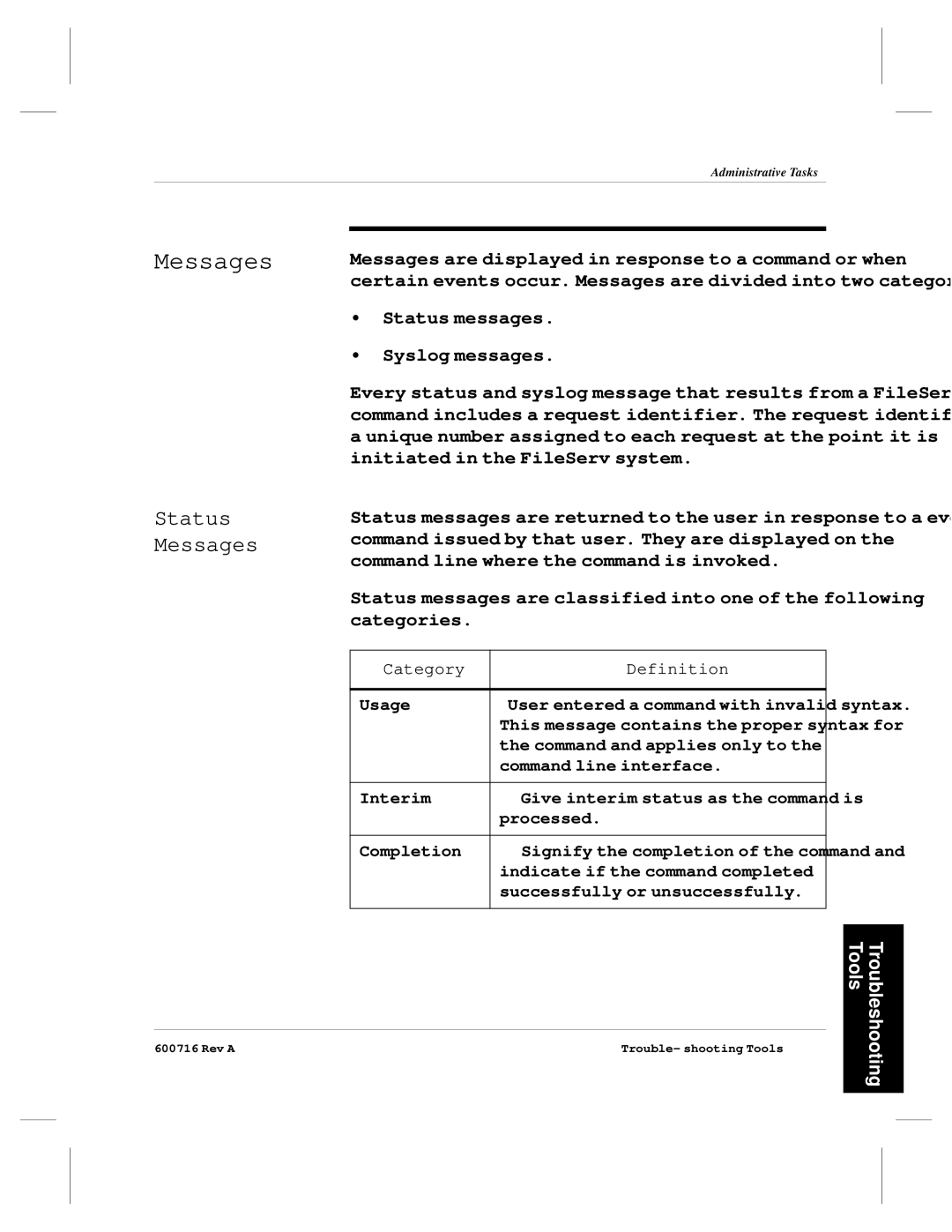 ADIC FileServ Version 4.0 600716 Rev A manual Status Messages 