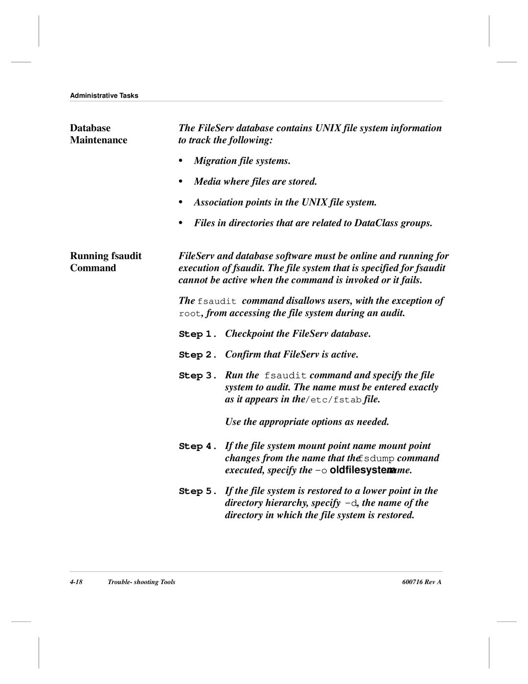 ADIC FileServ Version 4.0 600716 Rev A manual Database, Running fsaudit, Command 