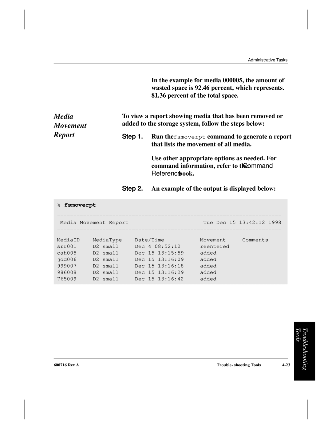 ADIC FileServ Version 4.0 600716 Rev A manual Media Movement Report, Fsmoverpt 