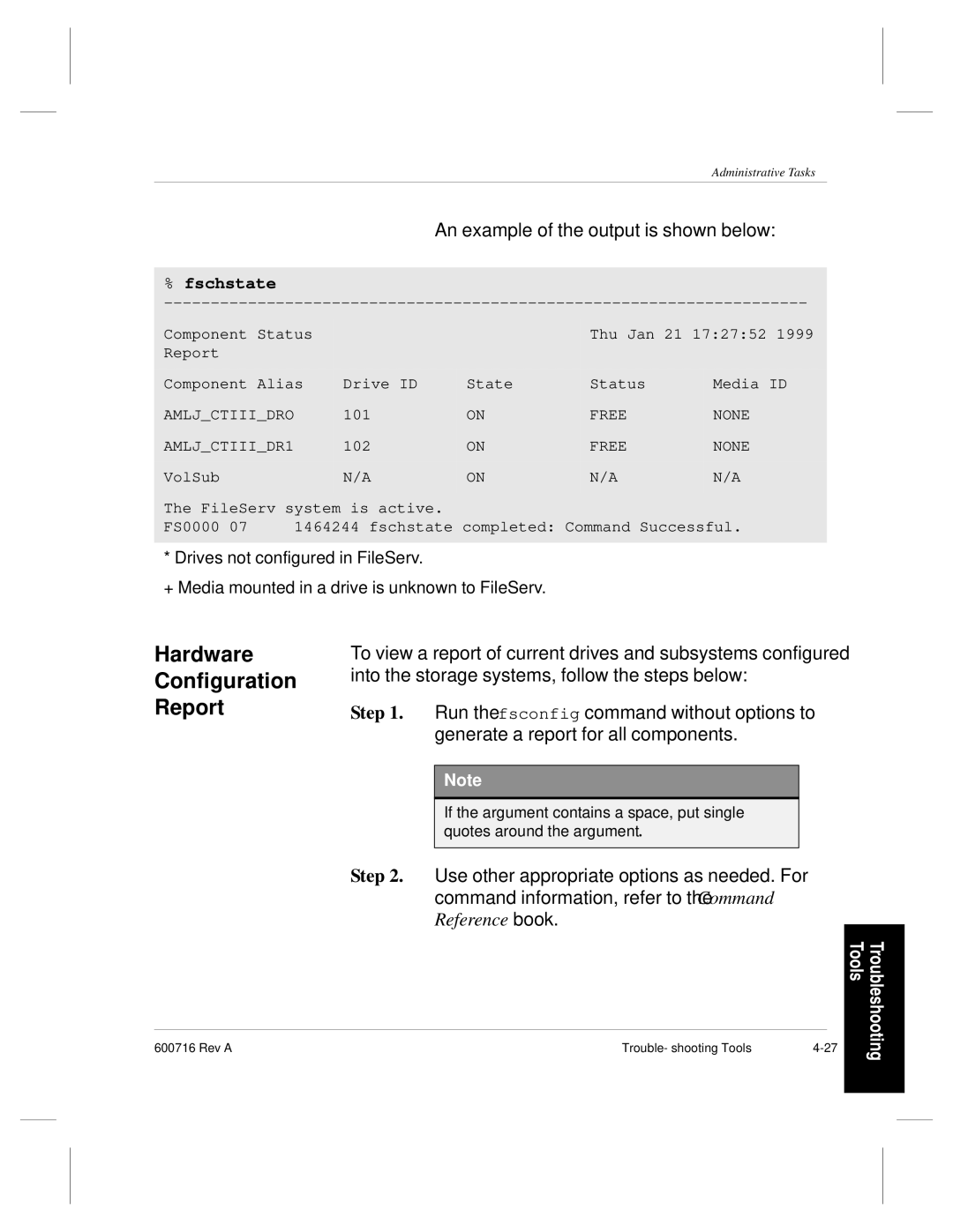 ADIC FileServ Version 4.0 600716 Rev A manual Hardware Configuration Report, Fschstate 