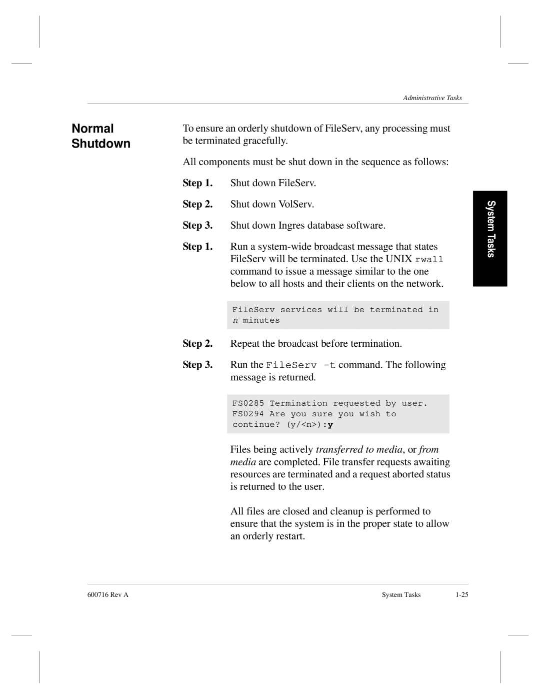 ADIC FileServ Version 4.0 600716 Rev A manual Normal, Shutdown 