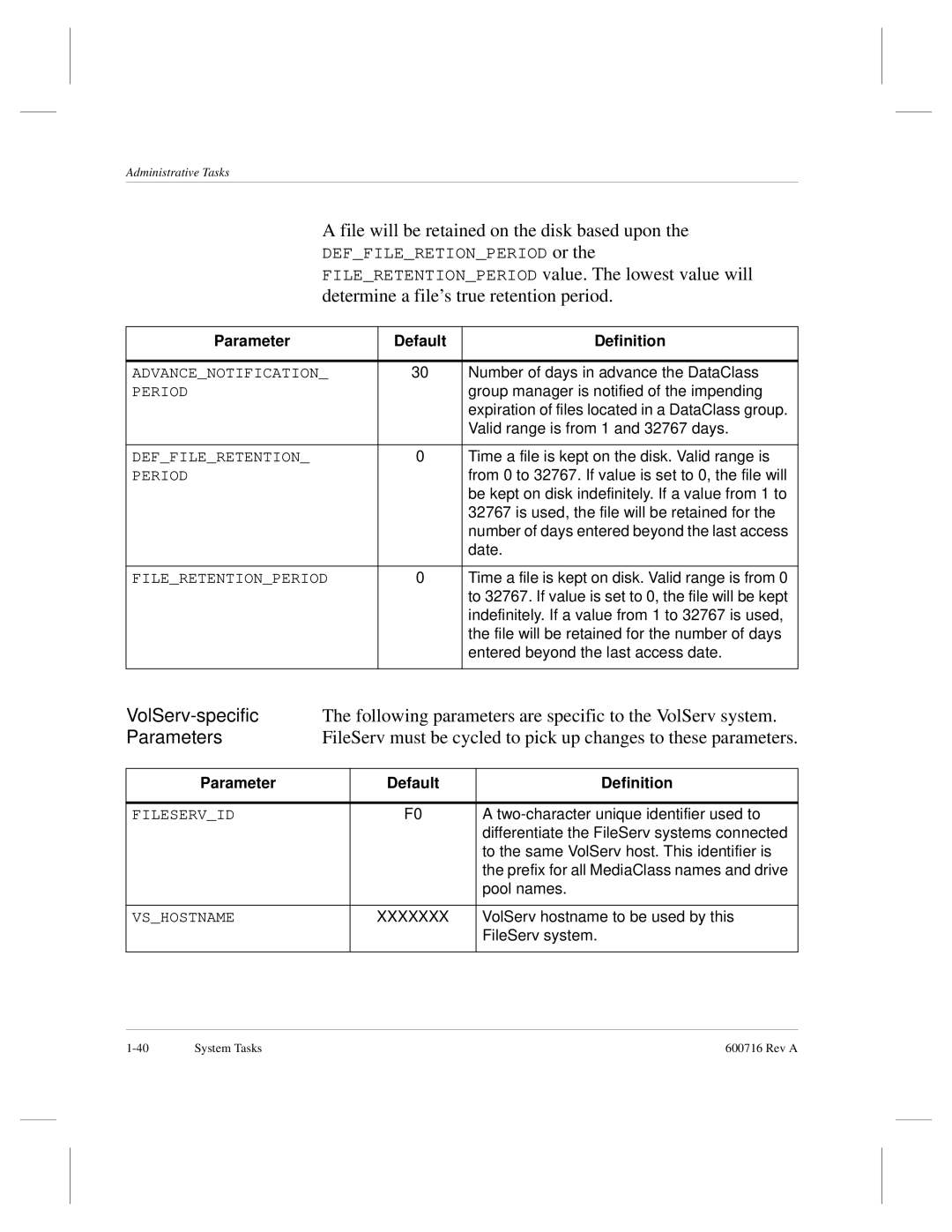 ADIC FileServ Version 4.0 600716 Rev A manual VolServ-specific, Following parameters are specific to the VolServ system 