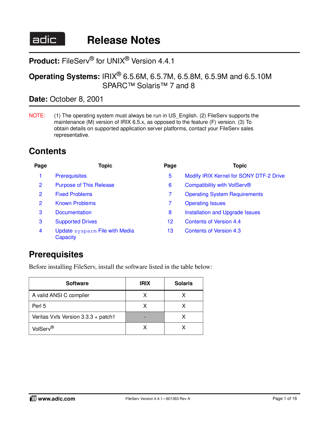 ADIC FileServ Version 4.4.1601363 manual Contents, Prerequisites 