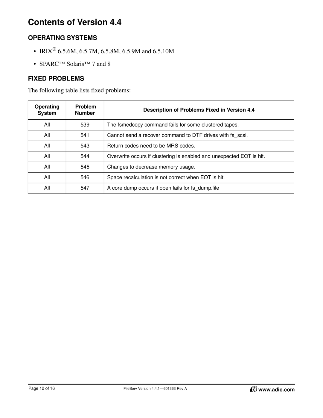 ADIC FileServ Version 4.4.1601363 manual Contents of Version 