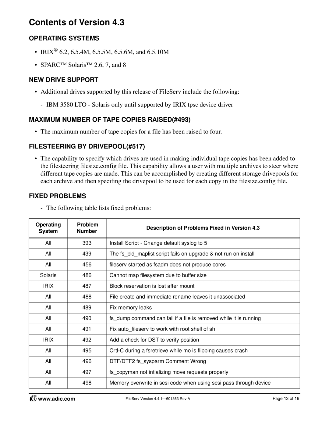 ADIC FileServ Version 4.4.1601363 manual NEW Drive Support, Maximum Number of Tape Copies RAISED#493 