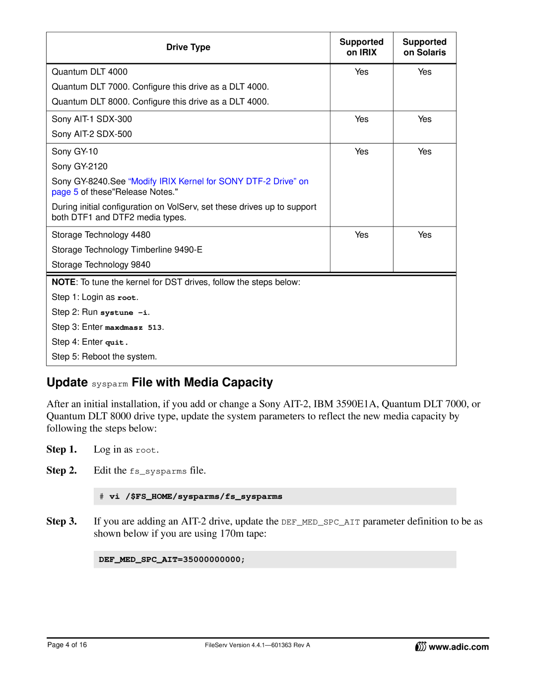 ADIC FileServ Version 4.4.1601363 manual Update sysparm File with Media Capacity 