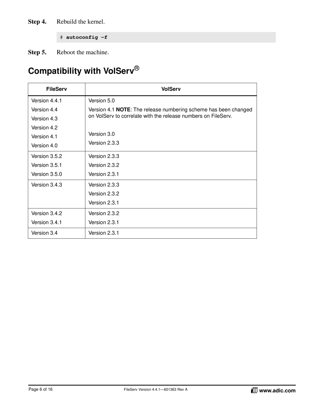 ADIC FileServ Version 4.4.1601363 manual Compatibility with VolServ, FileServ VolServ 