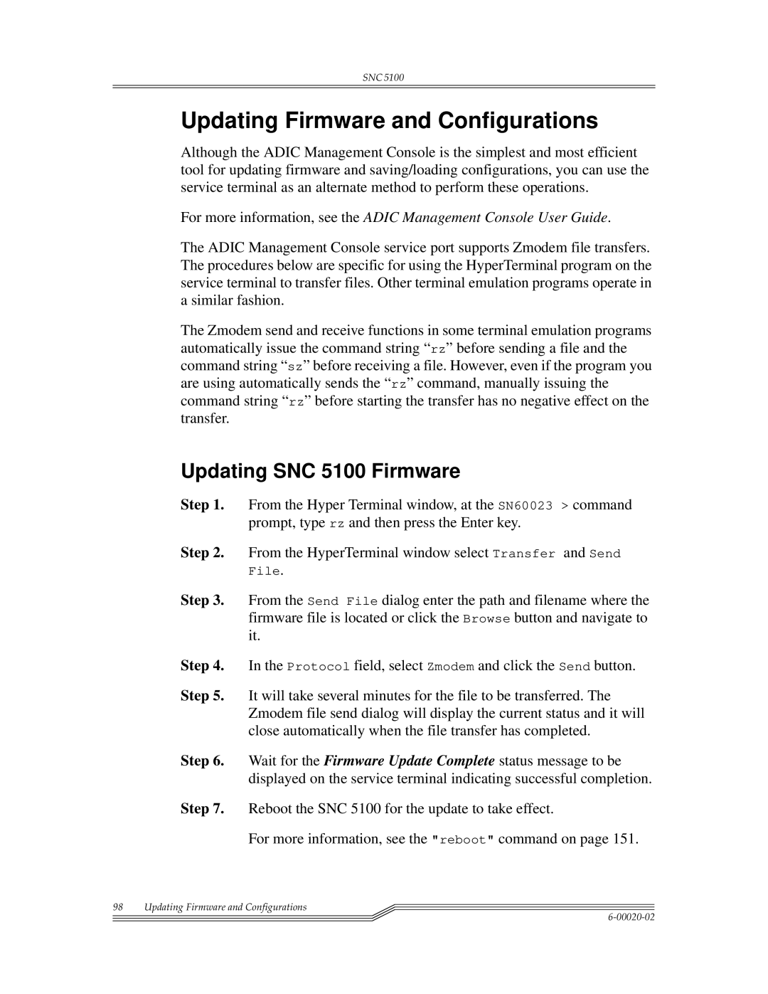 ADIC Scalar 1000 manual Updating Firmware and Configurations, Updating SNC 5100 Firmware 