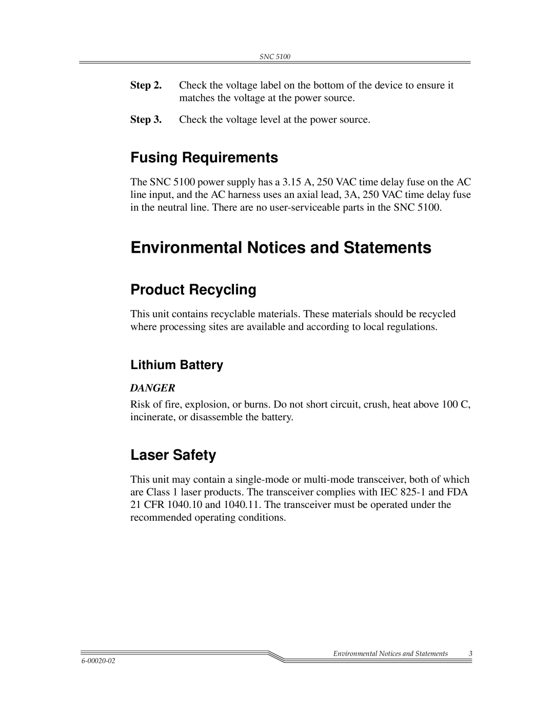 ADIC SNC 5100 Environmental Notices and Statements, Fusing Requirements, Product Recycling, Laser Safety, Lithium Battery 