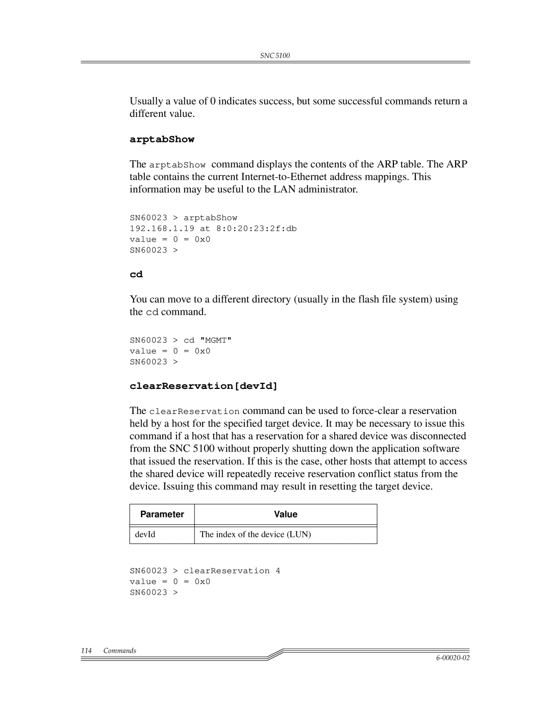 ADIC Scalar 1000, SNC 5100 manual ArptabShow, ClearReservationdevId, Parameter Value 