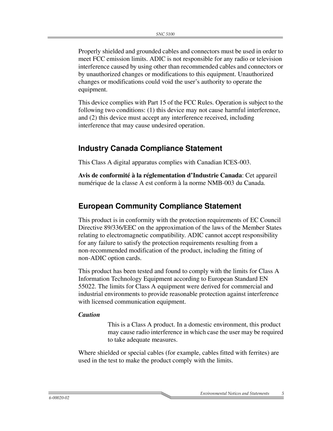 ADIC SNC 5100, Scalar 1000 manual Industry Canada Compliance Statement, European Community Compliance Statement 