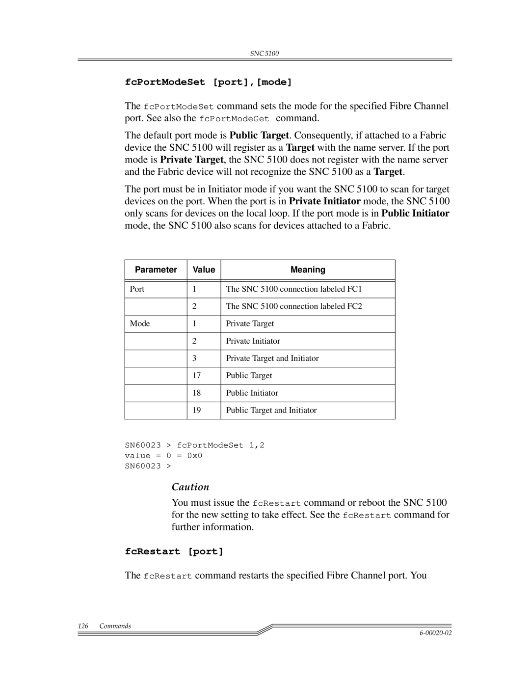ADIC Scalar 1000, SNC 5100 manual FcPortModeSet port,mode, FcRestart port 