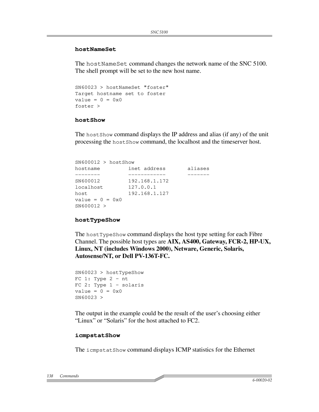 ADIC Scalar 1000, SNC 5100 manual HostNameSet, HostShow, HostTypeShow, IcmpstatShow 