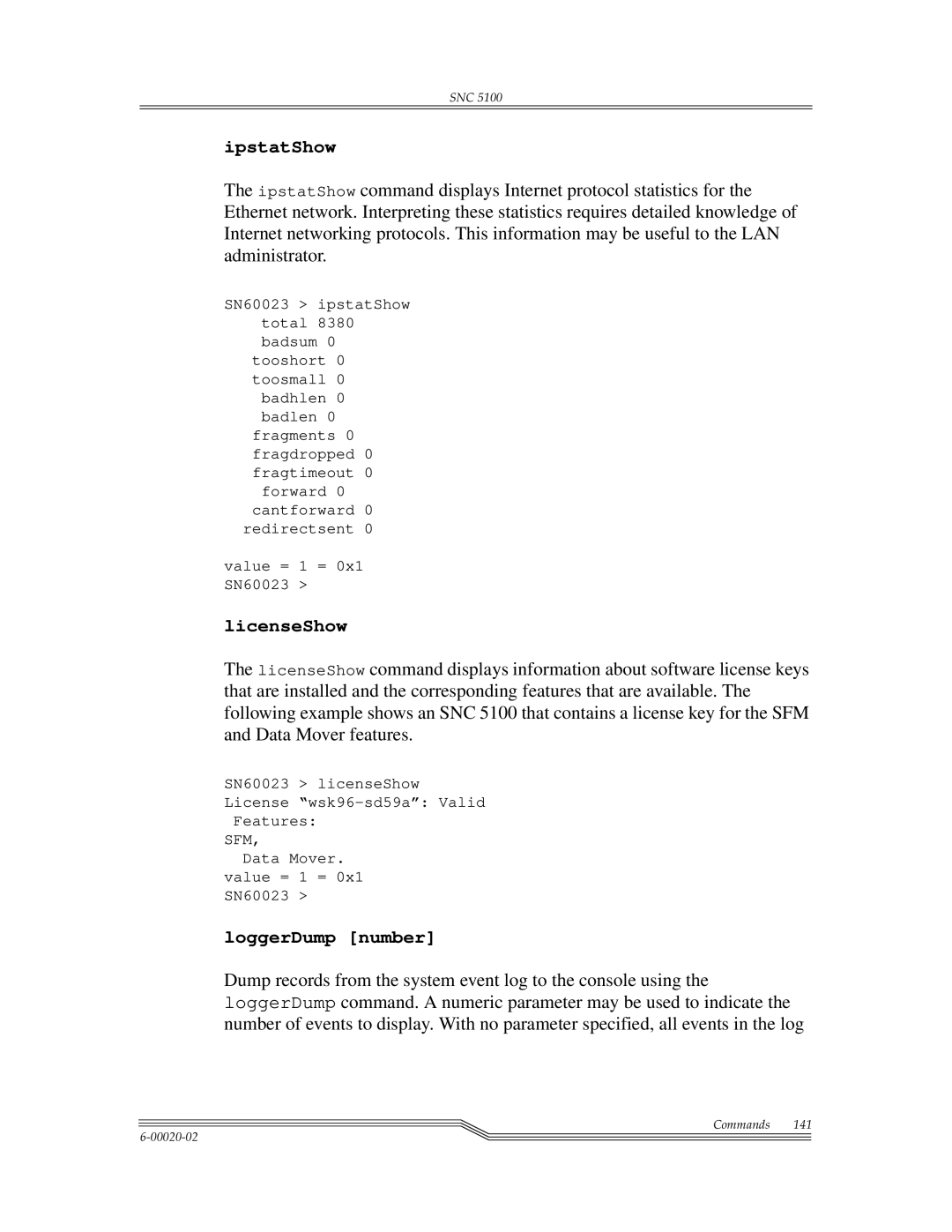 ADIC SNC 5100, Scalar 1000 manual IpstatShow, LicenseShow, LoggerDump number 