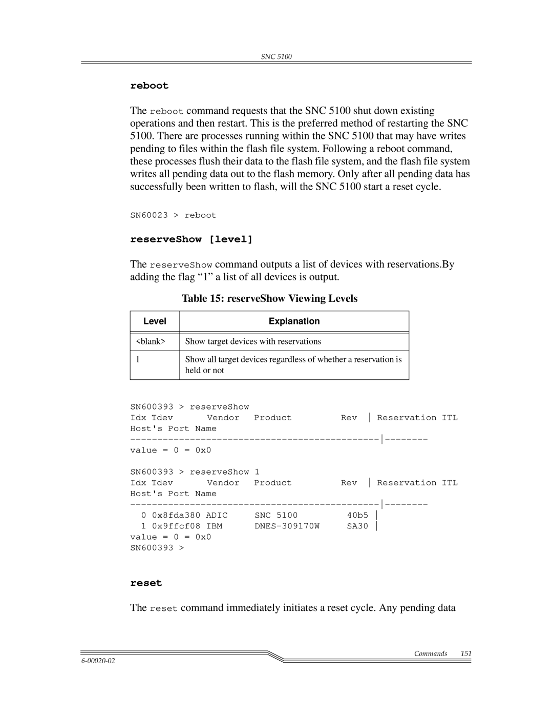 ADIC SNC 5100, Scalar 1000 manual Reboot, ReserveShow level, ReserveShow Viewing Levels, Reset, Level Explanation 