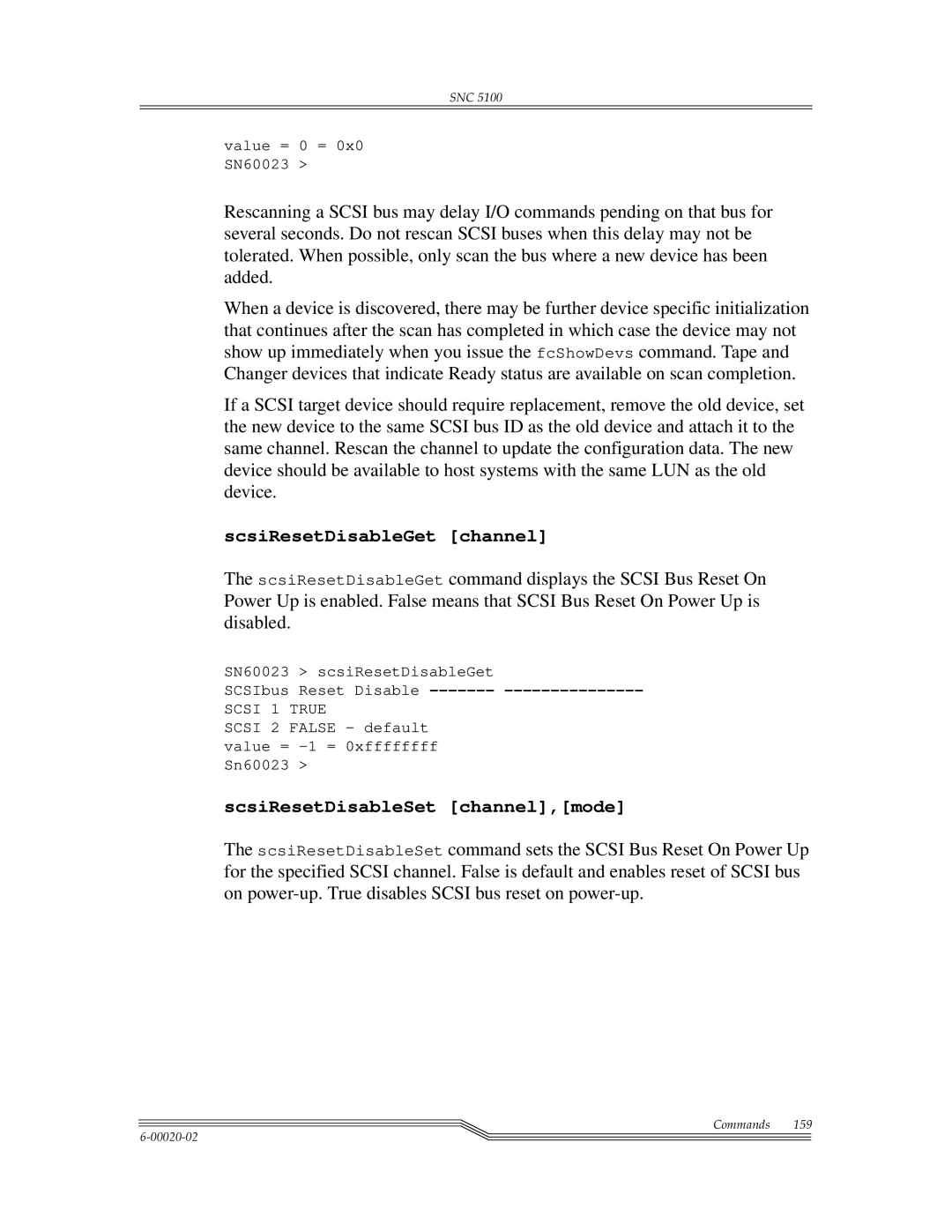 ADIC SNC 5100, Scalar 1000 manual ScsiResetDisableGet channel, ScsiResetDisableSet channel,mode 