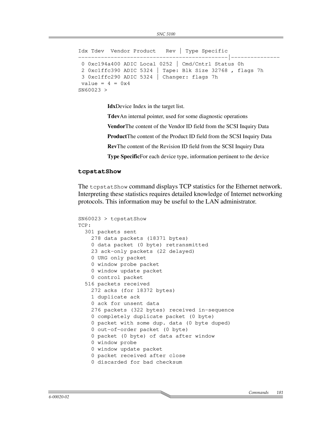 ADIC SNC 5100, Scalar 1000 manual TcpstatShow 