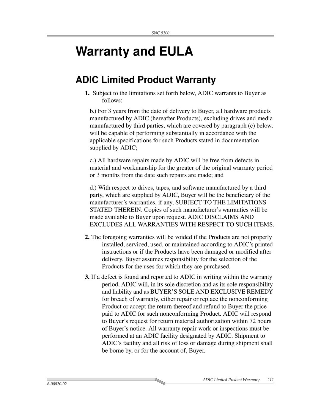 ADIC SNC 5100, Scalar 1000 manual Warranty and Eula, Adic Limited Product Warranty 