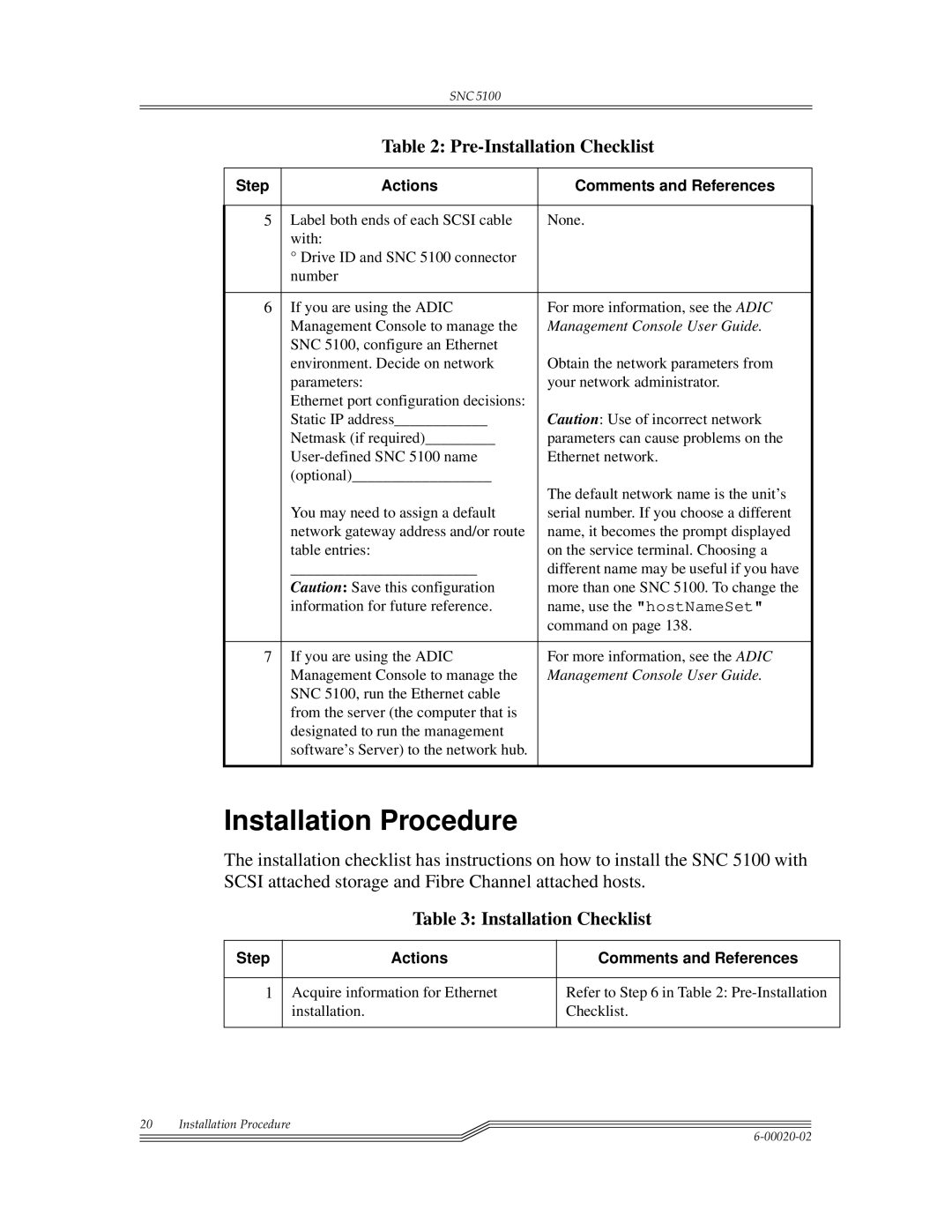 ADIC Scalar 1000, SNC 5100 manual Installation Procedure, Installation Checklist 