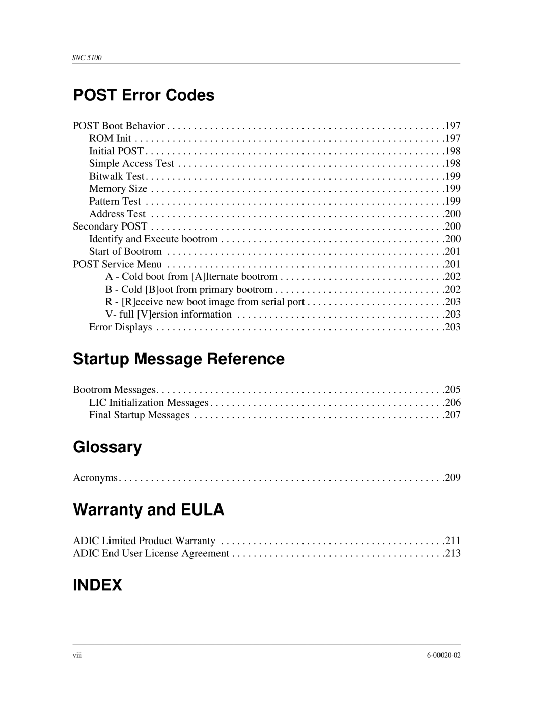 ADIC Scalar 1000, SNC 5100 manual Post Error Codes, Startup Message Reference, Glossary, Warranty and Eula, Acronyms 