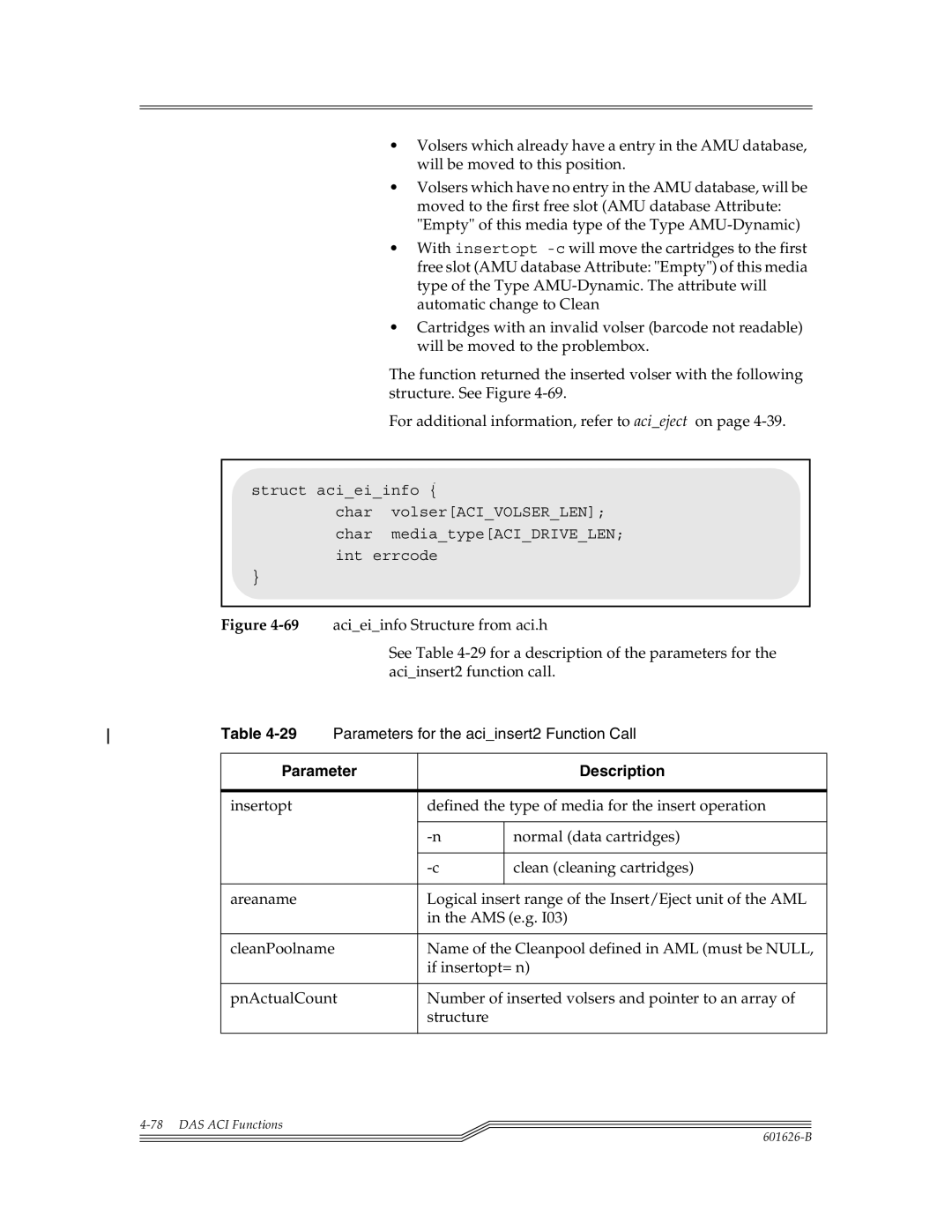 ADIC Server Acieiinfo Structure from aci.h, See -29 for a description of the parameters for, Aciinsert2 function call 