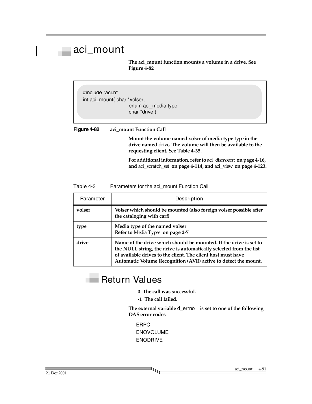 ADIC Server manual Acimount function mounts a volume in a drive. See 