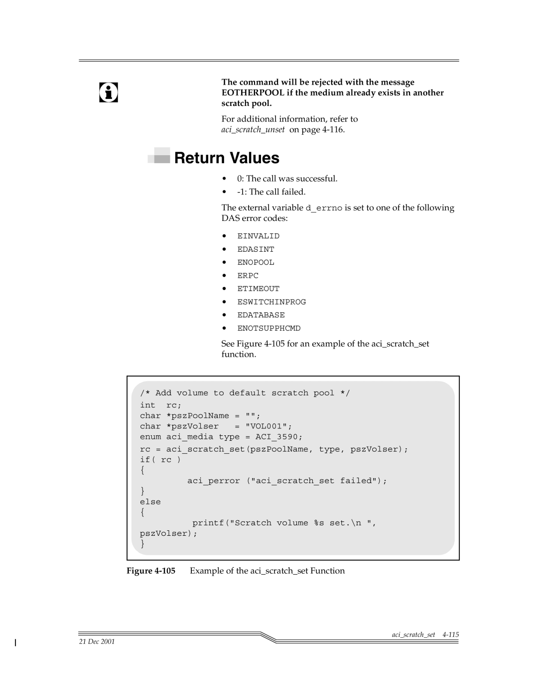 ADIC Server manual See -105for an example of the aciscratchset function, 105Example of the aciscratchset Function 